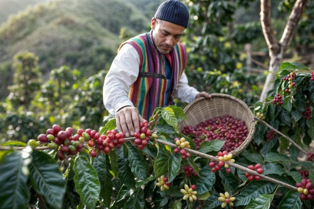 Coffee farmer hand-picking ripe coffee cherries in Ecuador